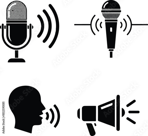 Microphone icon set of sound and audio equipment vectors for music, radio, voice, and broadcast media illustration