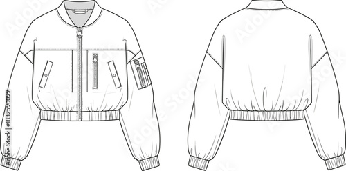 Bomber jacket technical fashion flat sketch, CAD outerwear design illustration, detailed vector drawing of front and back garment construction