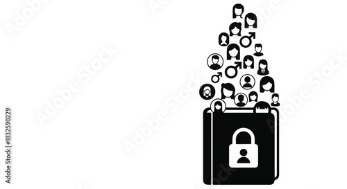 Secure data management with digital privacy and user profiles protected by a lock icon.