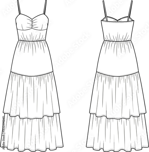 Tiered maxi summer dress technical flat fashion sketch with fitted bodice gathered waist layered skirt CAD apparel design vector illustration template