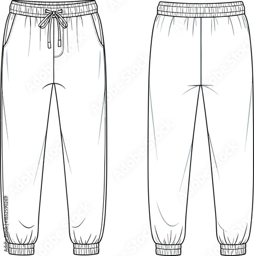 CAD jogger pants technical sketch, flat vector illustration, fashion design template, apparel blueprint, clothing pattern outline for designers