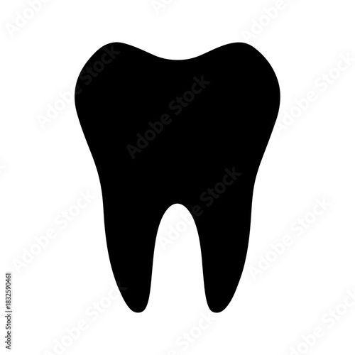 Single black tooth silhouette on white background for dentistry or healthcare related designs