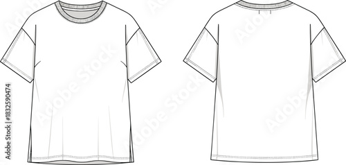 Minimalist oversized T-shirt fashion flat sketch, technical CAD illustration showcasing front and back views for apparel design, garment construction reference