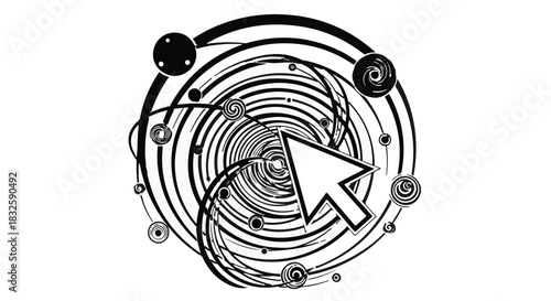 Cursor clicking into a swirling vortex of digital information and interconnected data streams.