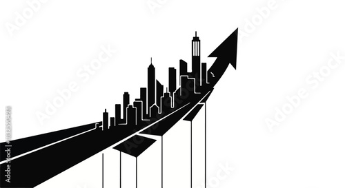 City skyline silhouette rising on an upward arrow representing growth and progress