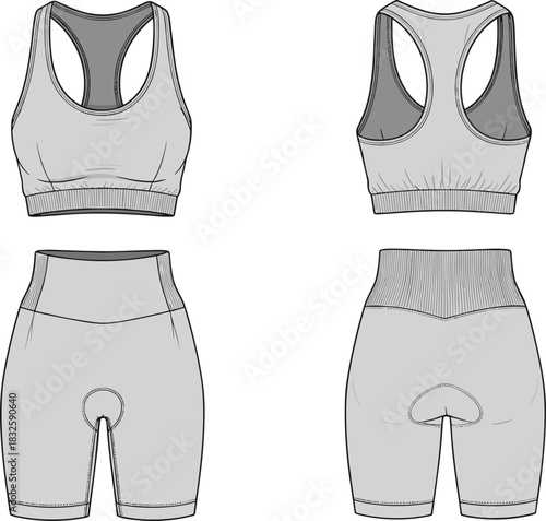 Activewear sports bra and cycling shorts technical fashion sketch with rib waistband details, garment design template, CAD drawing flat vector illustration
