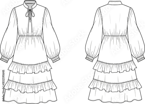 Tiered ruffle long sleeve dress technical fashion sketch with tie neckline and gathered details, garment design template, CAD drawing flat vector illustration