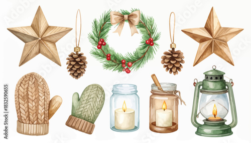 Hand-drawn watercolor illustrations of cozy Christmas and winter holiday elements for festive decoration and crafting