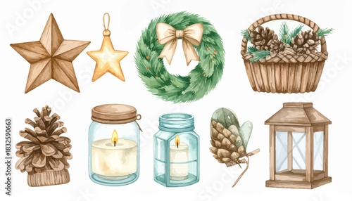 Watercolor Christmas Decorations Star Ornaments, Wreaths, Candles, and Pine Cones for Holiday Design