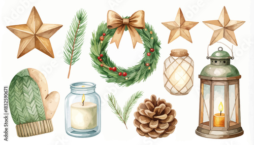 Festive Christmas Elements Watercolor Illustration Wreath, Stars, Lantern, and Decorative Seasonal Icons