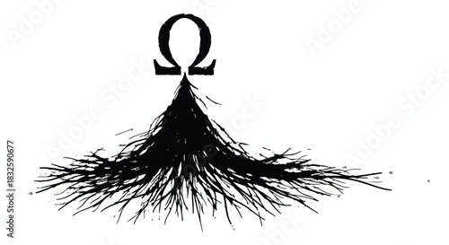 Abstract symbol of Greek letter Omega rising from a chaotic burst of dark lines, representing an ending or ultimate conclusion.