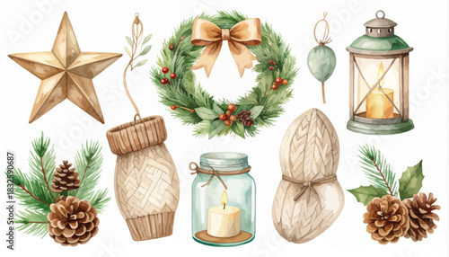 Cozy Winter Holiday Elements Watercolor Star, Wreath, and Decor