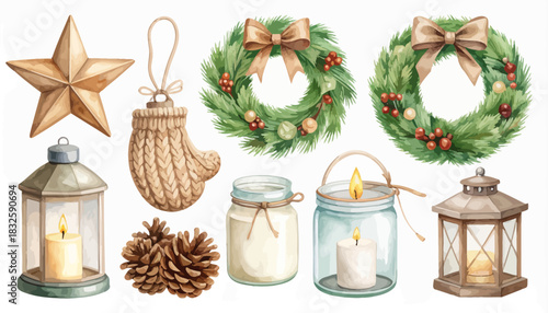 A festive collection of hand-painted watercolor Christmas decorations, featuring cozy lanterns, wreaths, and holiday ornaments