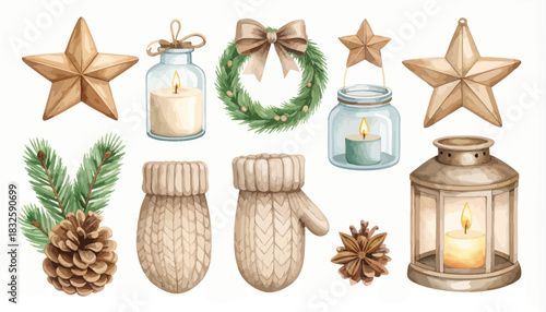 Watercolor Christmas Decorations Festive Stars, Candles, Wreath, Mittens, and Pinecones for Holiday Designs