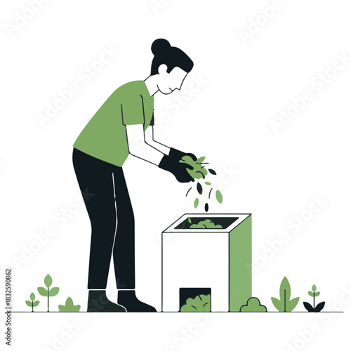 Flat Illustration of Person Composting Organic Waste into Green Bin