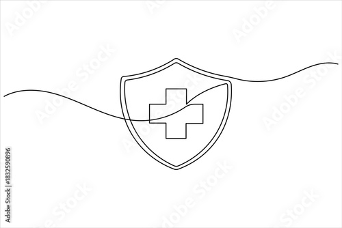 One continuous line drawing of a shield with medical cross symbol.