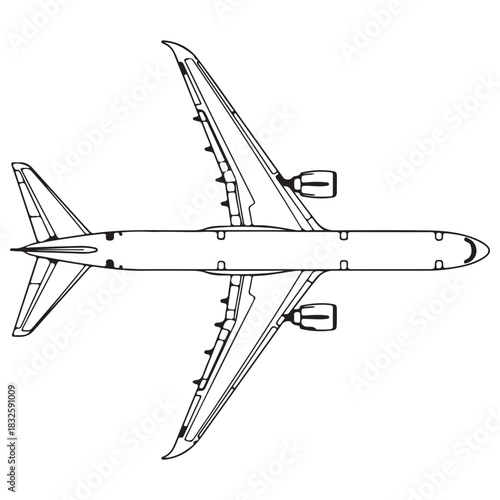 Clean Vector Diagram of a Commercial Airliner Top Down View