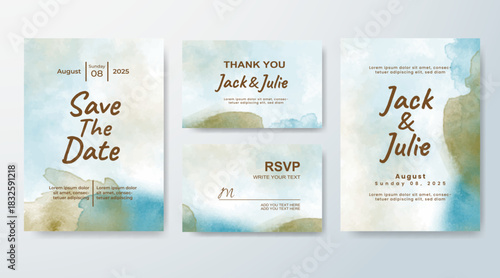 Set of Wedding invitation with abstract splash watercolor