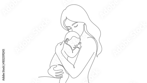 Elegant minimalist art of mother holding baby close with love and tenderness
