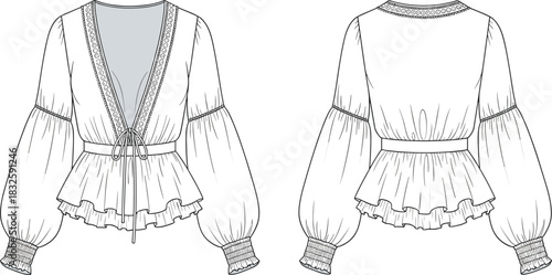 Ruffle peplum blouse technical fashion sketch with puff sleeves and lace trim detail, garment design template, CAD drawing flat vector illustration