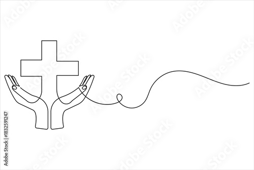 Continuous line drawing of hands holding a cross, faith symbol
