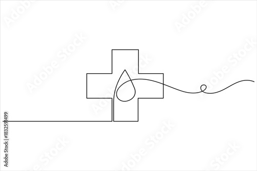 Continuous line art medical cross blood drop healthcare support