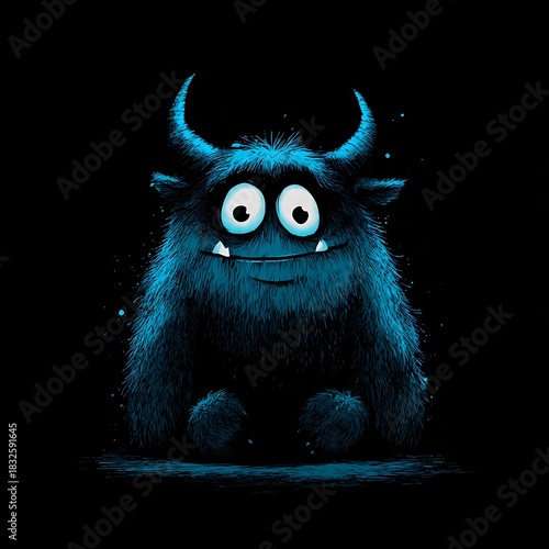 Cute Fluffy Blue Monster with Horns and Big Eyes Smiling in the Dark.