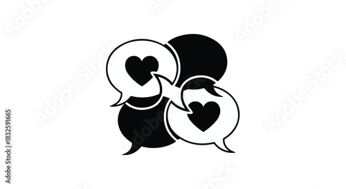 Interconnected speech bubbles with hearts symbolize communication and love.