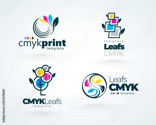 Set logos Printing theme.  Abstract Leafs Cmyk Colors. Template design vector. White background