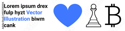 Cryptocurrency, finance, strategic planning, love, technology, abstract design. ion of a heart, chess pawn and Bitcoin symbol. Cryptocurrency and strategic planning in visual