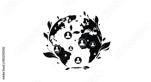 Global network of people connected around the world with nature elements