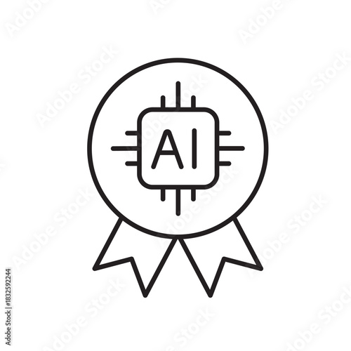 A vector icon representing AI certification with a round badge and ribbon, created in line style with editable stroke