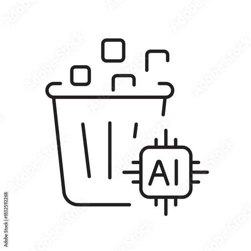 A vector icon representing AI-powered data deletion with a trash bin and chip, created in line style with editable stroke
