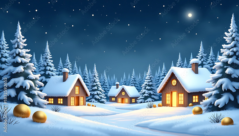 Fototapeta premium Cozy Winter Village at Night with Snow and Golden Ornaments