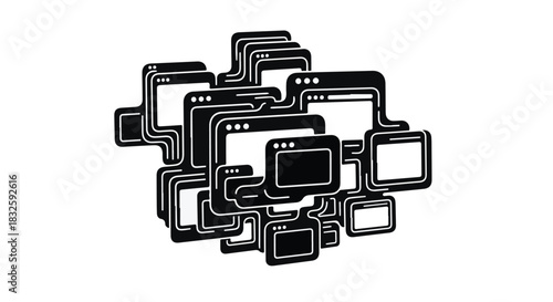 Abstract digital collage of interconnected browser windows representing data flow and connectivity.