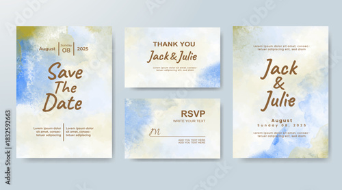 Set of Wedding invitation with abstract splash watercolor