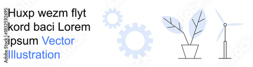 Renewable energy, environmental conservation, green energy, sustainability, innovation, clean technology. Gears, wind turbine plant in pot. Renewable energy and environmental conservation concept