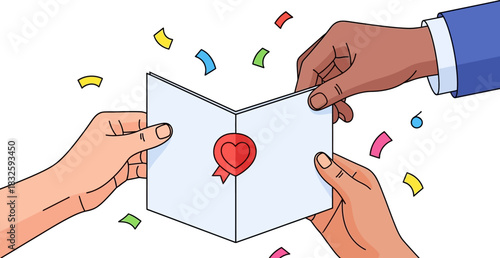 Diverse hands exchanging a greeting card sealed with a heart, amidst falling confetti, symbolizing love, celebration, and connection with a festive mood.