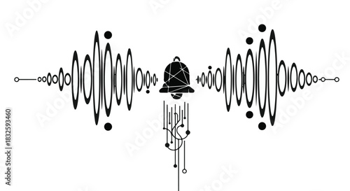 Abstract sound wave visualization emanating from a stylized bell shape, representing audio and vibration.