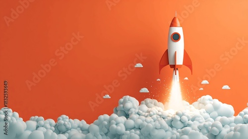 Bold red rocket ship launching with bright flames and puffy clouds on a vibrant orange background representing business startups, innovative ideas, and reaching for the stars