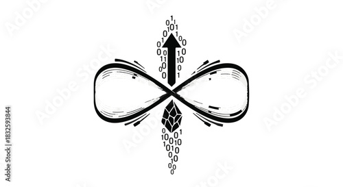 Abstract digital infinity symbol with ascending binary code and crystal structure