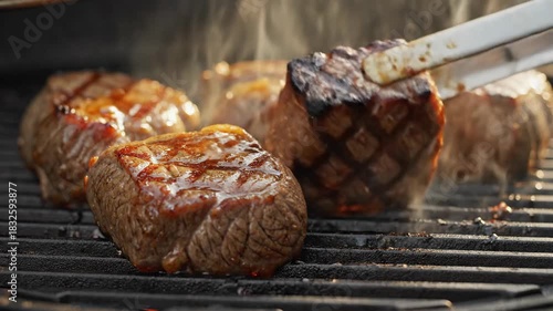 Juicy grilled meat cuts cooking outdoors with steam rising