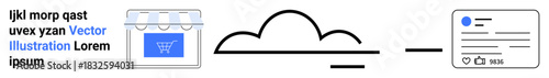 Online shopping, cloud technology, data management, digital identity, e-commerce platforms, user profiles. A storefront, cloud icon and user profile interconnected. Cloud technology and e-commerce