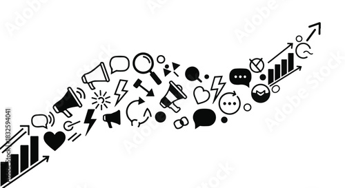 Diverse communication icons and growth charts flow upwards diagonally to symbolize an upward trend in marketing.