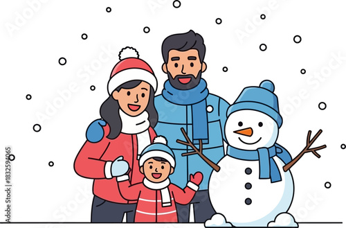 Happy family building a snowman together in a snowy winter wonderland, enjoying the festive spirit and creating lasting memories during the holiday season.