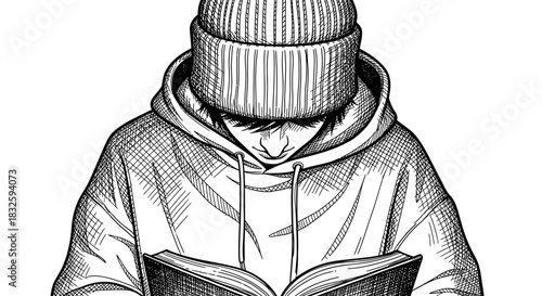 A captivating black and white illustration portrays a person in a cozy beanie and hoodie, deeply absorbed in reading a book, showcasing focused concentration.