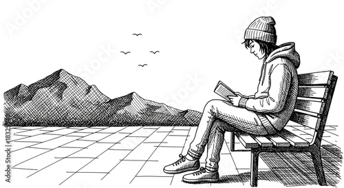 A young person finds a peaceful moment of contemplation, engrossed in a book while sitting on a bench amidst a serene mountain landscape.