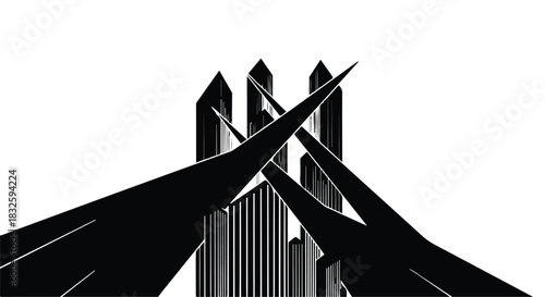 Abstract black sharp geometric shapes create a dynamic and futuristic silhouette against a plain white backdrop.