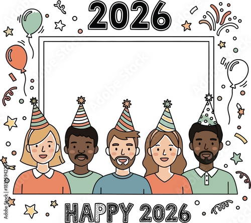 Happy new year 2026 party celebration friends diverse people together fun