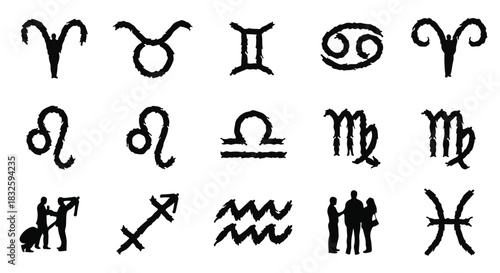 Diverse zodiac symbols and silhouettes representing people and constellations